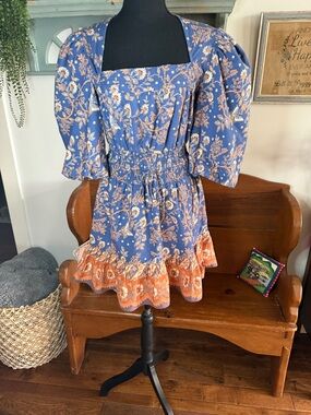 House of Harlow 1960 Blue Floral Mini Dress with Orange Trim